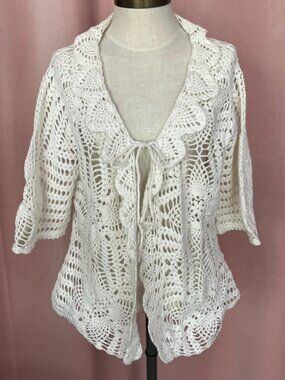 100% Cotton Crochet Cardigan XL Cream Knit Tie Front Boho Sweater